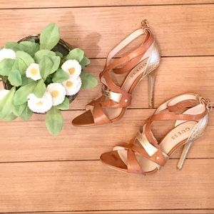 GUESS Brown and Gold Ankle Strap Heels